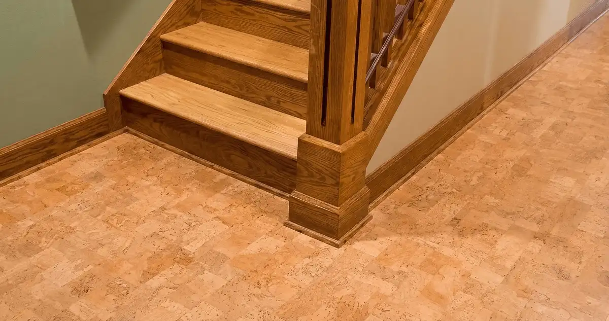 End of a staircase with cork flooring in Minneapolis, MN