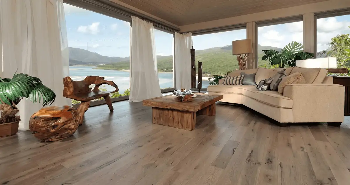 Professionally installed vinyl flooring in a modern living room with large windows in Minneapolis, MN